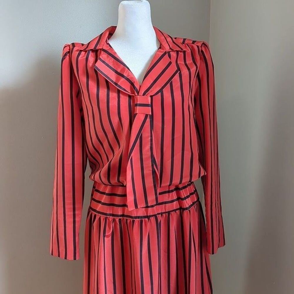 Vintage 70s Cora's Closet Midi Dress Red Stripe Secretary Size Petite Medium - Picture 4 of 11